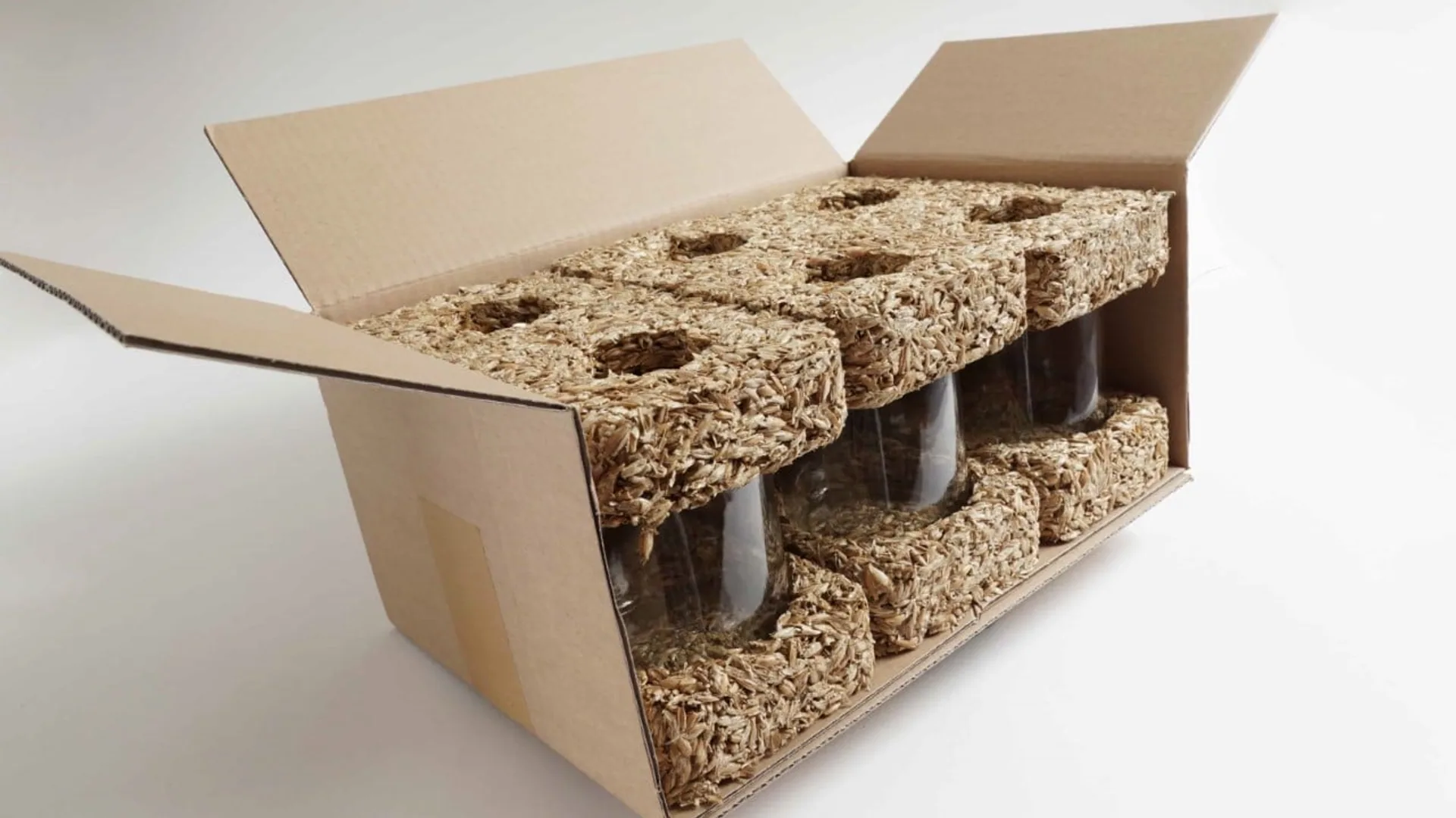 Upcycled grain husk cushion packaging as a plastic foam alternative